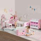 Kids pink bedroom furniture set with bed, toy box bench, storage, and vanity