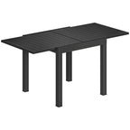 Black aluminium extending outdoor dining table with faux wood slatted top and legs