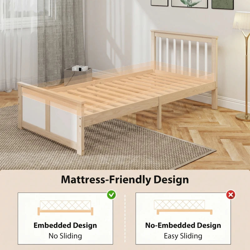 Pine storage bed on wood legs with slatted base over drawer compartments