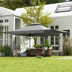 Grey height-adjustable pop-up gazebo with canopy over outdoor seating
