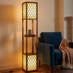Tall floor lamp-shelf with rustic brown frame, warm lattice panels, and side table items