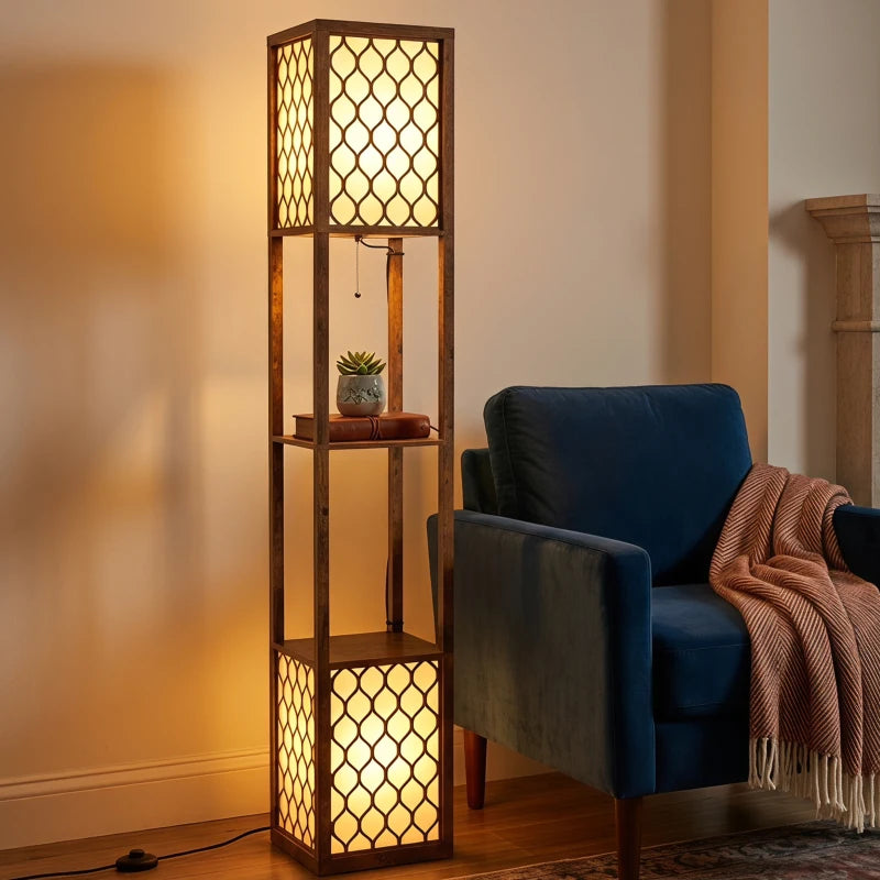 Tall floor lamp-shelf with rustic brown frame, warm lattice panels, and side table items