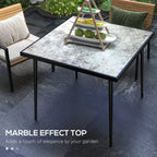 Grey square outdoor dining table with marble-effect tempered glass top and steel frame, corner view