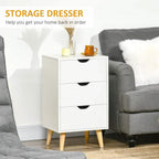 White bedside cabinet with black curved drawer pulls and three storage drawers