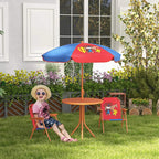 Kids cowboy patio set with red folding chairs, round table, and blue-red parasol