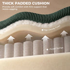 Dark green corduroy sofa cushion with thick padding and visible spring layer