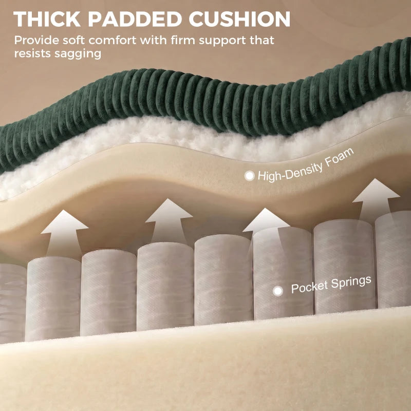 Dark green corduroy sofa cushion with thick padding and visible spring layer