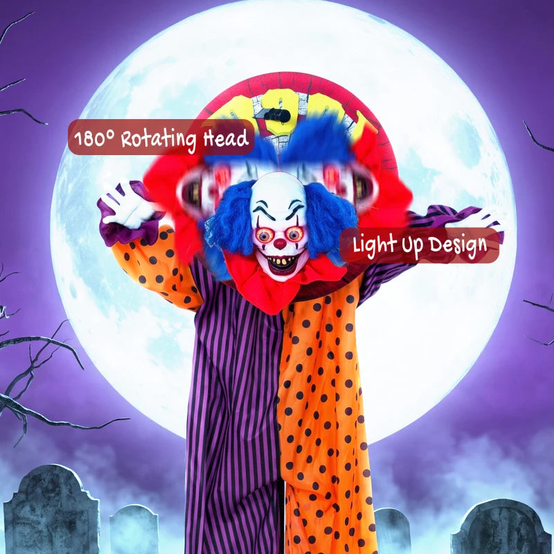 Rotating-head animated clown decoration in orange polka-dot and purple striped jumpsuit with blue wig