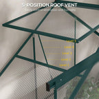 Green polycarbonate greenhouse with roof vent panels and multi-level ventilation bar