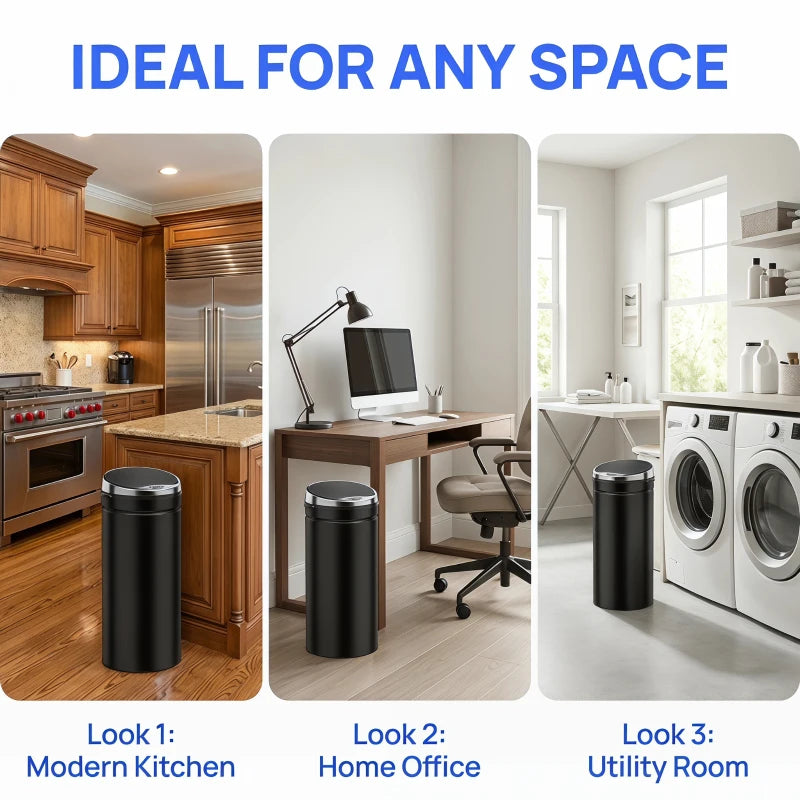 Black automatic motion sensor rubbish bin shown in multiple home room settings
