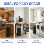 Black automatic motion sensor rubbish bin shown in multiple home room settings