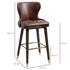 Brown PU leather bar stool with curved back, footrest, and dark wood legs