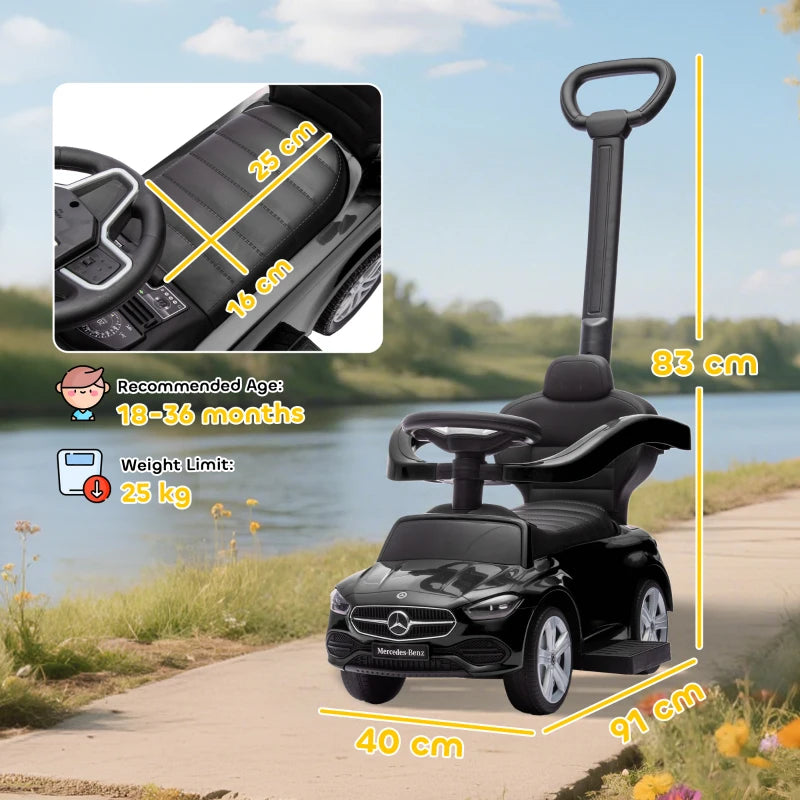 Black ride-on push car walker with wide handle, cushioned seat, and Mercedes grille