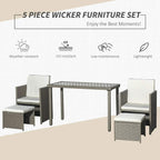 Grey wicker outdoor dining set with rectangular glass table and four cushioned seat pieces