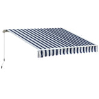 Retractable awning with dark blue and white striped fabric and valance fringe edge