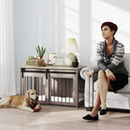 Brown dog crate furniture with removable cushion, shown with a pet resting nearby