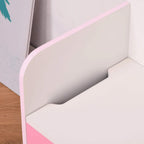 Rounded corner inside panel of a pink kids toy box storage bench, view of interior.