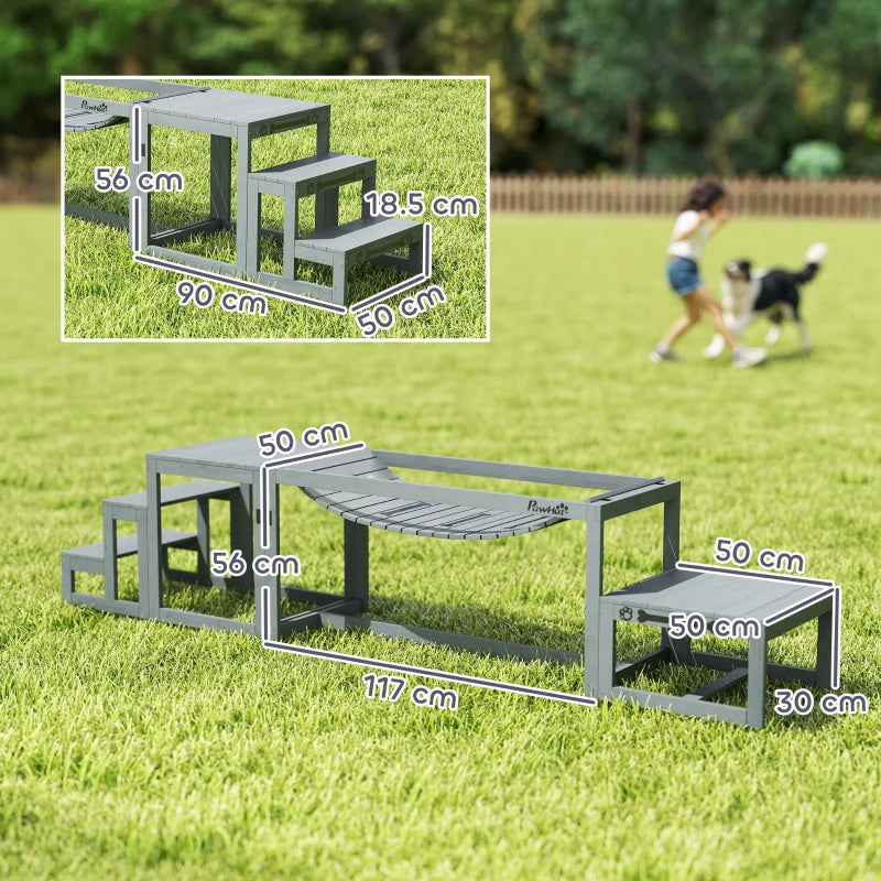 Grey wooden agility bridge with attached pause platform and pet stair step
