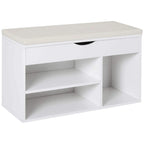 White shoe cabinet bench with hidden storage and light beige padded seat