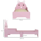Pink cat-themed toddler bed frame with dimensions labeled on a white background.