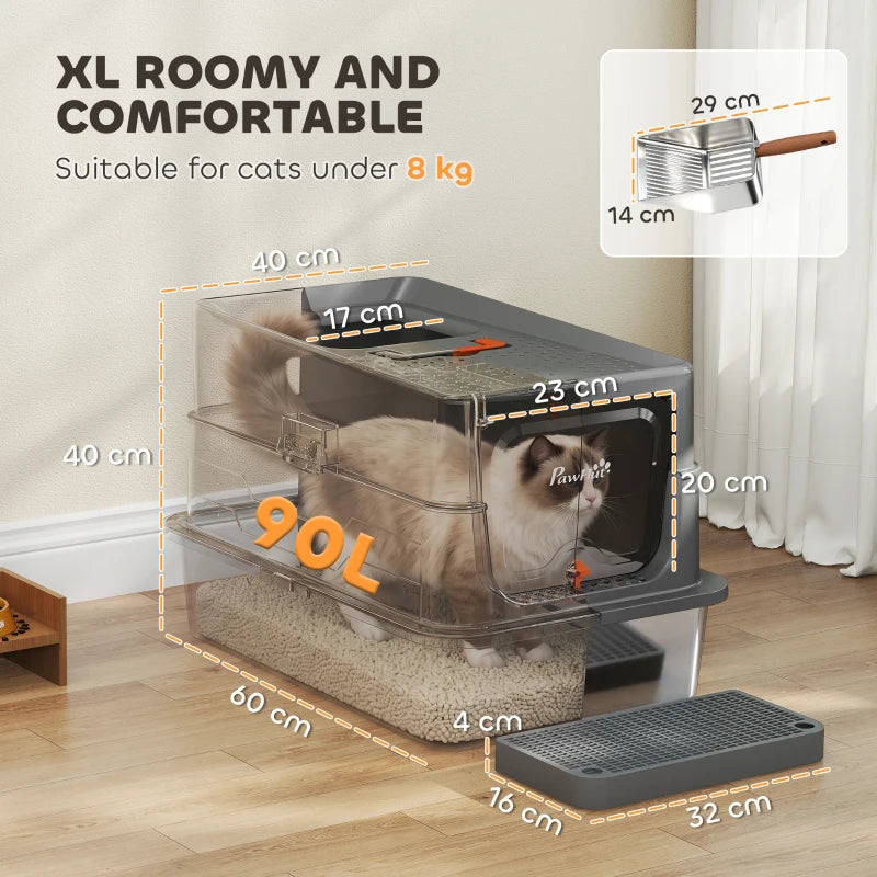 XL dark grey enclosed litter box with lid, showing dimensions and entry step