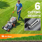 Cordless lawn mower with adjustable cutting height settings, 25–75 mm