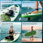 Inflatable SUP accessories shown: bungee straps, secure ankle leash, carrying strap