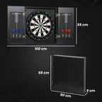 Black bristle dartboard cabinet set with steel-tip darts and size diagram.