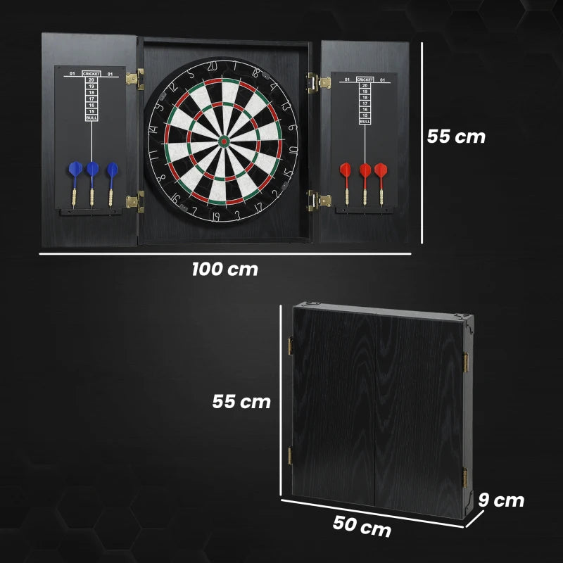 Black bristle dartboard cabinet set with steel-tip darts and size diagram.
