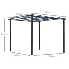 Black metal pergola frame with 3x3 m grid roof, tall posts, and shown measurements