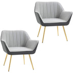 Set of 2 light grey velvet armchairs with vertical channel back, curved arms, gold legs