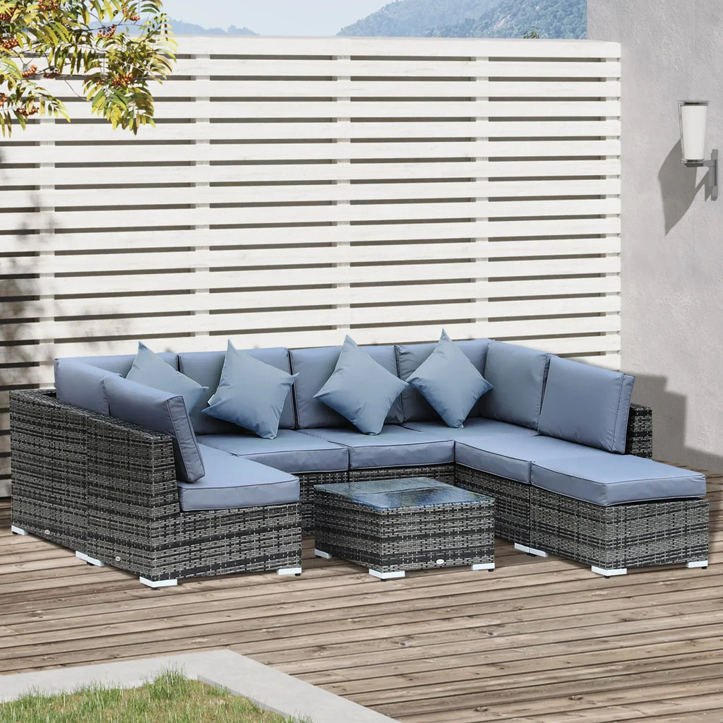 8 Piece Rattan Corner Sofa Set with Wide & Deep Seat, Assembled Aluminium PE Rattan Garden Furniture Set with Thick Cushions and Glass Top Table for Outdoor, Conservatory, Grey - Bobobiy