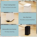 White rectangular pedal trash can with square lid and dark base