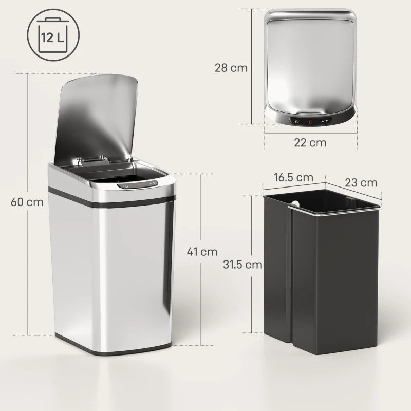 Silver stainless steel automatic sensor trash bin shown from front and side with lid open