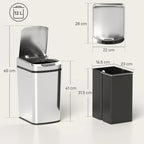Silver stainless steel automatic sensor trash bin shown from front and side with lid open