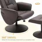 Brown executive recliner chair showing 360-degree swivel base and ottoman footrest.