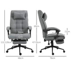 Light grey ergonomic chair with headrest, armrests, and fold-out footrest (size diagram)