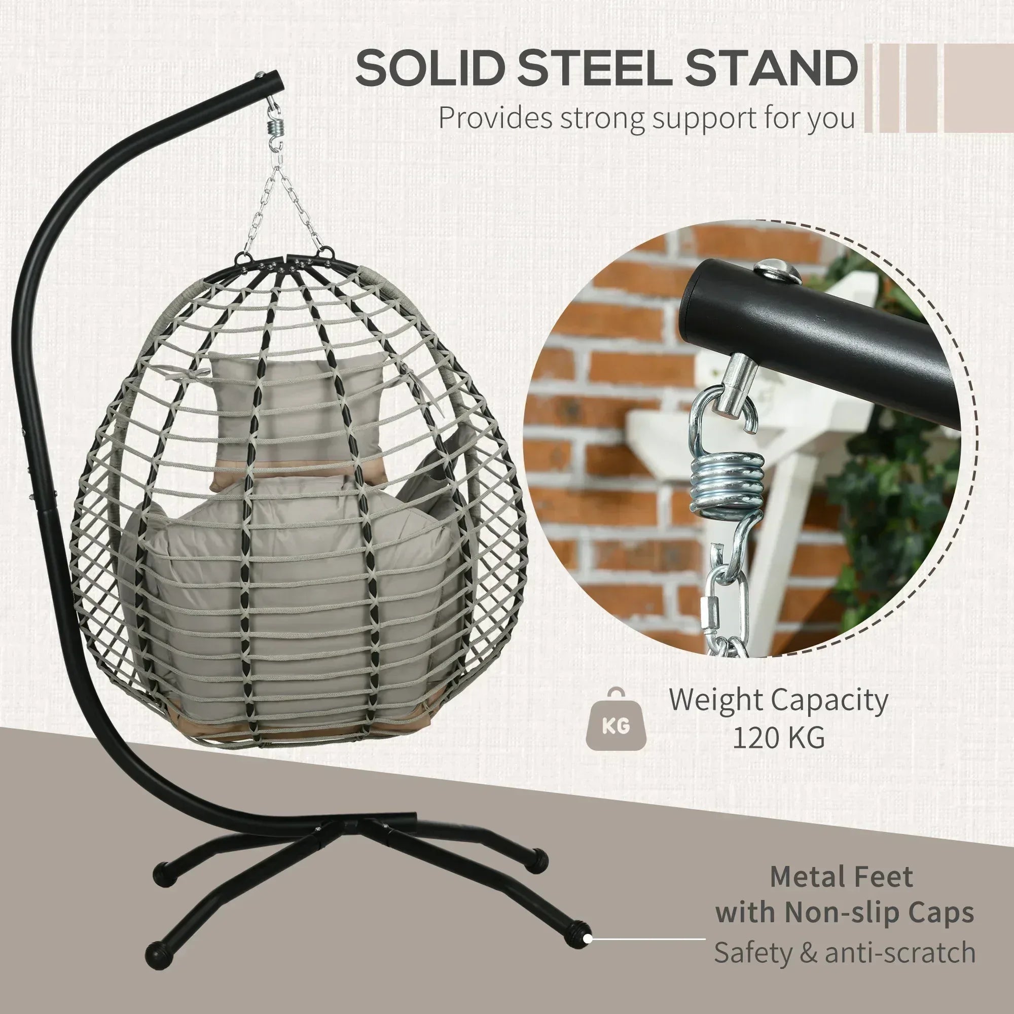 Single Rattan Hanging Egg Chair, with Seat Cushion - Grey - Bobobiy