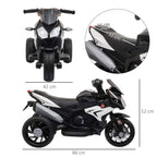 Kids three-wheel electric ride-on motorcycle, black with white panels, with size markings