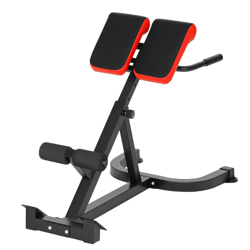 Red and black Roman chair hyperextension bench with padded back and armrests