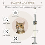 Light grey cat tree with square condo, round platforms, and dangling hanging balls
