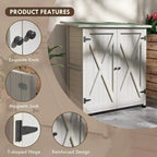 Light grey wooden storage shed front with black knob hardware and reinforced hinges