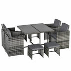 Grey rattan dining set with rectangular table and eight chairs, top view