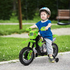 Kids riding green electric ride-on motorcycle scooter with helmet and training wheels