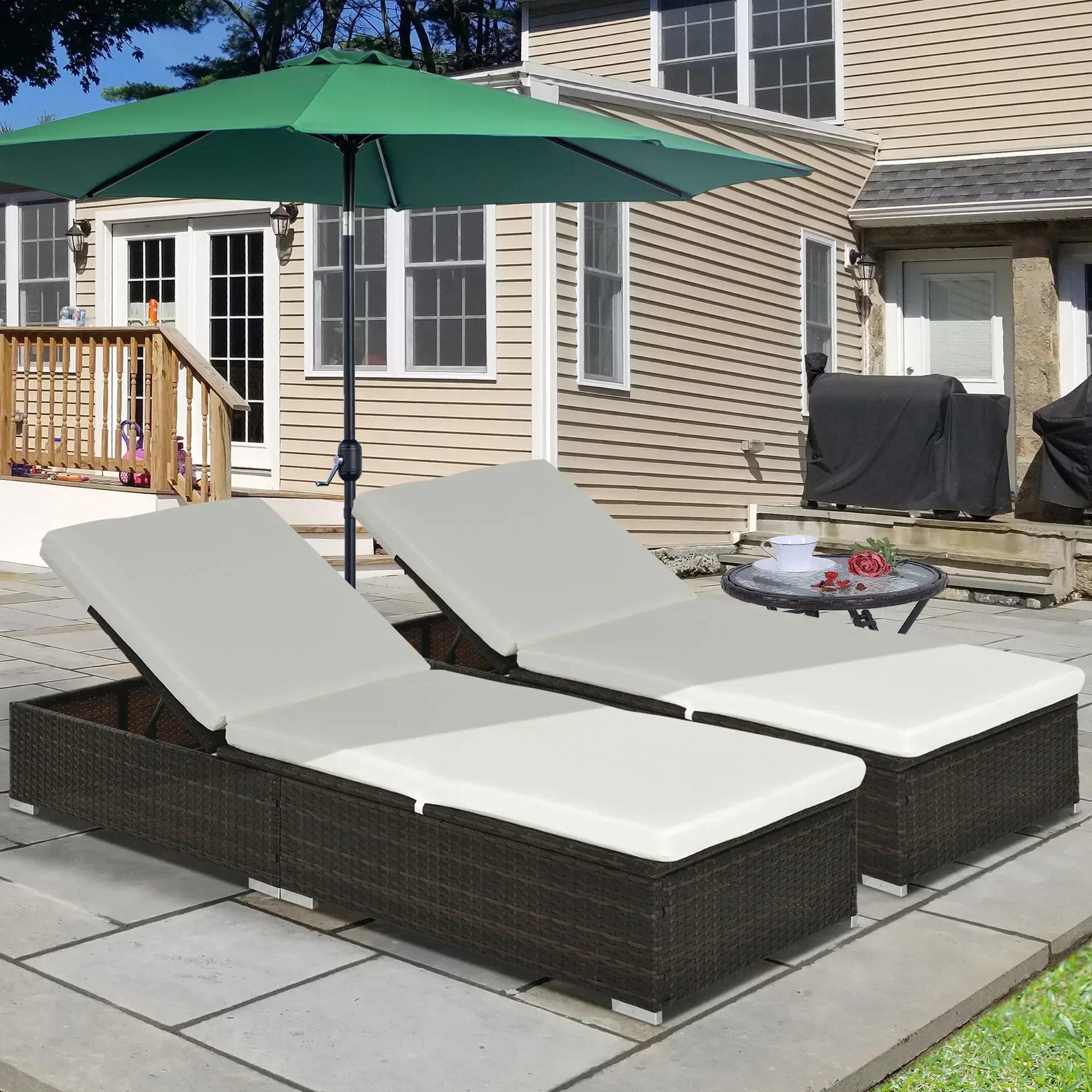 PE Rattan Sun Lounger with Cushion, Outdoor Garden Sunbed Furniture with 5-Level Recliner Backrest, and Armrest, Set of 2, Brown - Bobobiy