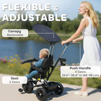 Dark blue kids tricycle with removable canopy and adjustable push handle, 5-point harness