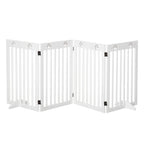 White foldable wooden pet gate with paw detail corner sections and centered latch