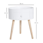 White round bedside table with drawer and light wood legs; 38 cm wide, 45 cm high