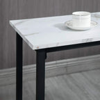 Close-up of white marble-effect bar table top on black metal frame