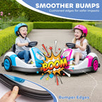Blue and white kids bumper car ride-on with cushioned bumper edges for safer impacts